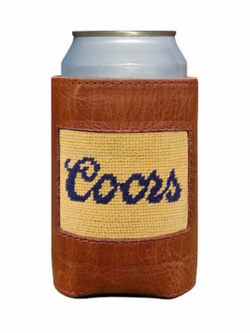 Coors Can Brown Leather Can Cooler with Yellow Needlepoint